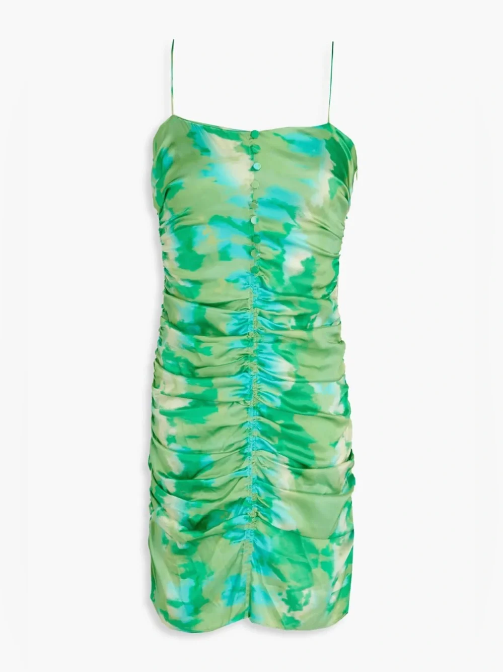 GANNI Ruched printed silk-blend satin mini dress Green Original Price $375 - Picture 2 of 8